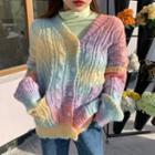 Plain Turtle-neck Long-sleeve Top / Tie-dye Cardigan