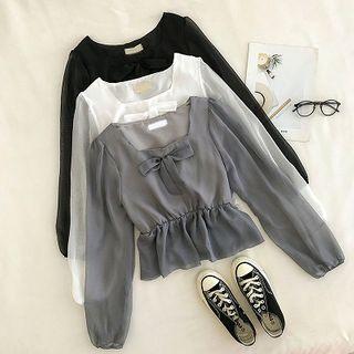 Plain Square-neck Ribbon Long-sleeve Top
