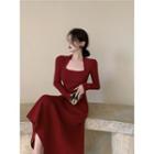 Square-neck Knit Midi Bodycon Dress Red - One Size