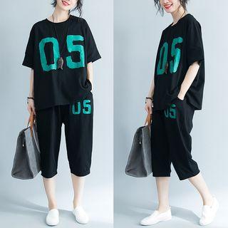Set: Elbow-sleeve Numbering T-shirt + Cropped Pants Black - One Size