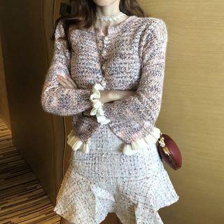 Frill-trim Cardigan / Mini Tweed Mermaid Skirt