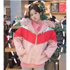 Furry-trim Hooded Color Panel Padded Zip Jacket