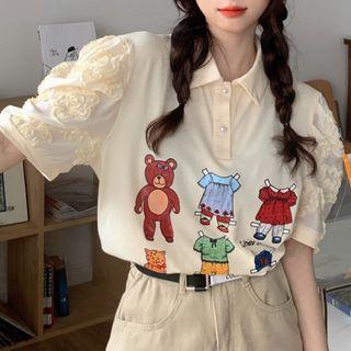 Short-sleeve Cartoon Print Lace Trim Top Beige - One Size