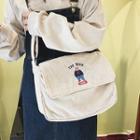 Bear Embroidered Flap Corduroy Crossbody Bag