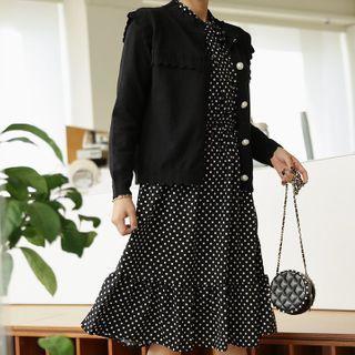 Set: Cardigan + Tie-neck Dotted Long Dress