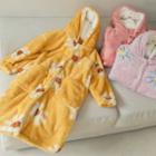 Floral Print Fleece Button-up Hooded Robe