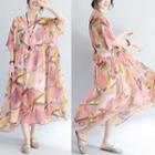 Elbow-sleeve Leaf Print A-line Midi Dress As Shown In Figure - One Size