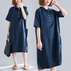 Pocketed Elbow-sleeve Shirtdress Navy Blue - One Size
