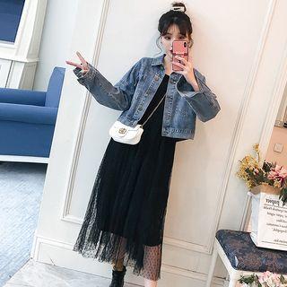 Cropped Denim Jacket / Mesh Overlay Sleeveless Midi Dress / Set