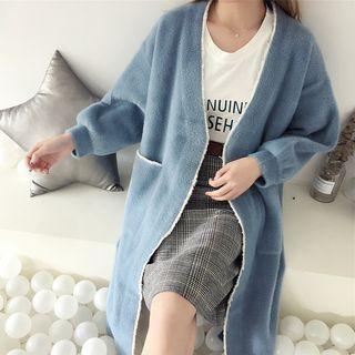 Long Open-front Contrast-trim Knit Jacket