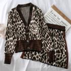 Set: Leopard-print Knit Cardigan + Mini Skirt