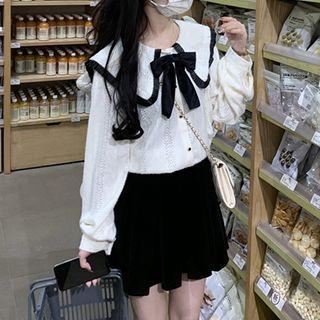 Collared Bow Blouse / A-line Velvet Skirt