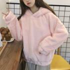 Bear Ear Accent Furry Hoodie Pink - One Size