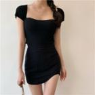 Square-neck Cap Sleeve Top / High Waist Round Hem Mini Skirt