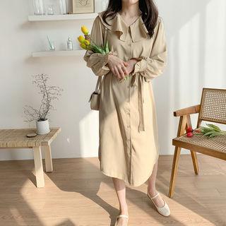 Frilled-collar Bell-sleeve Shirtdress With Sash