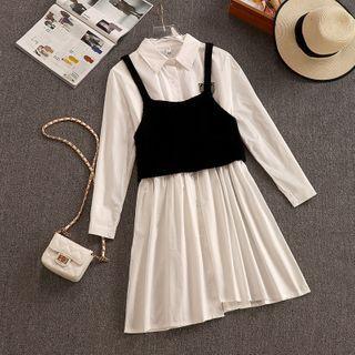 Set: Plain Long-sleeve Midi A-line Dress + Camisole Top
