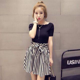 Set: Short-sleeve Top + Pinstripe Mini Skirt