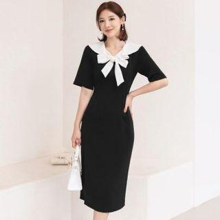 Contrast-collar Tie-neck Midi Dress