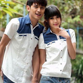 Couple Matching Denim Applique Short Sleeve Shirt
