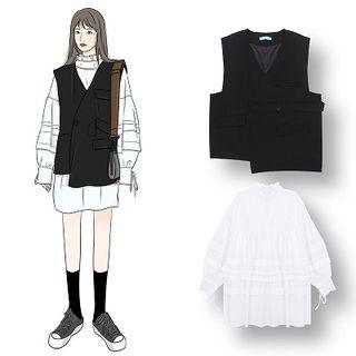 Long-sleeve Mini Shift Dress / V-neck Vest