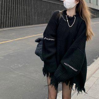 Fray-edge Stitched Loose-fit Sweater Black - One Size