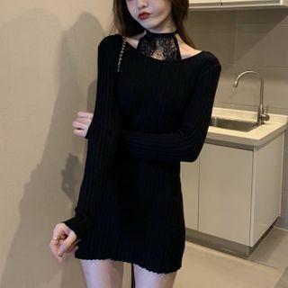 Choker-neck Lace Panel Knit Mini Bodycon Dress