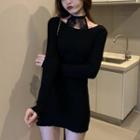 Choker-neck Lace Panel Knit Mini Bodycon Dress