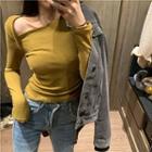 One-shoulder Ribbed Long-sleeve Top