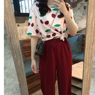 Short-sleeve Cherry Print T-shirt / Wide-leg Pants