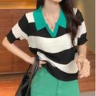 Short-sleeve V-neck Striped Knit Polo Shirt Stripes - Black & White - One Size