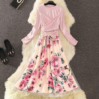 Set: Long-sleeve Wrap Top + Floral Print Mesh Overlay A-line Skirt