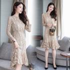 3/4-sleeve Lace Ruffle-hem Dress