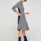 Long-sleeved Collared Gingham Long Open-front Blouse