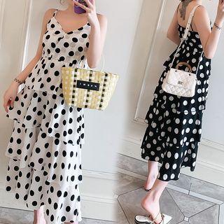 Spaghetti Strap Polka Dot Midi Layered Chiffon Dress
