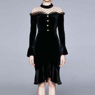 Flared-cuff Dotted Panel Sheath Dress