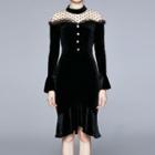 Flared-cuff Dotted Panel Sheath Dress