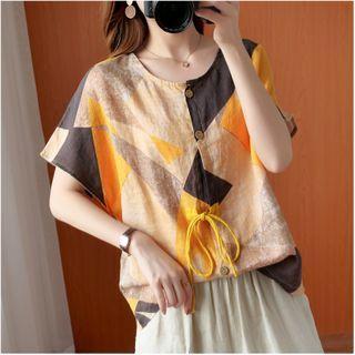 Short-sleeve Geometric Print Blouse As Shown In Figure - One Size