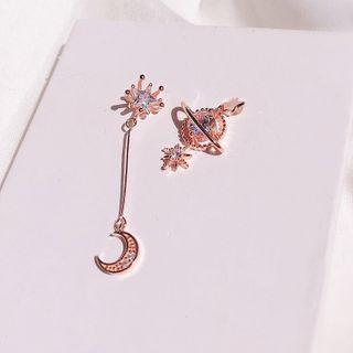 Asymmetrical Rhinestone Moon Star Drop 925 Sterling Silver Earring