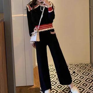 Set: Ruffle Trim Sweater + Wide Leg Pants