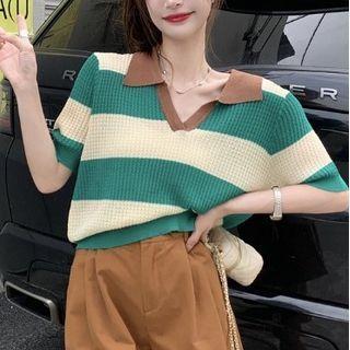 Elbow-sleeve Striped V-neck Polo Shirt Striped - Green - One Size