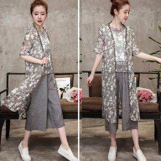 Set: Floral Print Sleeveless Top + Elbow-sleeve Light Jacket + Wide Leg Cropped Pants