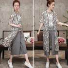 Set: Floral Print Sleeveless Top + Elbow-sleeve Light Jacket + Wide Leg Cropped Pants