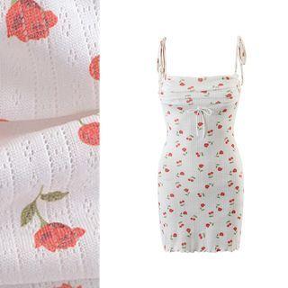 Spaghetti Strap Rose & Cherry Print Sheath Dress