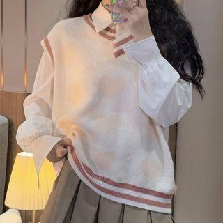 Striped Trim Sweater Vest White - One Size