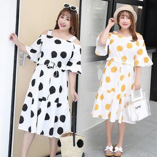 Cold-shoulder Elbow-sleeve Polka Dot Midi Dress