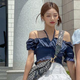 Tie-neck Frilled Satin Crop Top