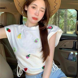Short-sleeve Fruit Embroidered Drawstring T-shirt T-shirt - White - One Size