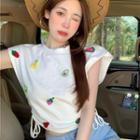 Short-sleeve Fruit Embroidered Drawstring T-shirt T-shirt - White - One Size