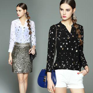Long-sleeve Star Print Silk Blouse
