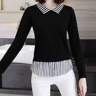 Mock Two-piece Stripe Collared Knit Pullover